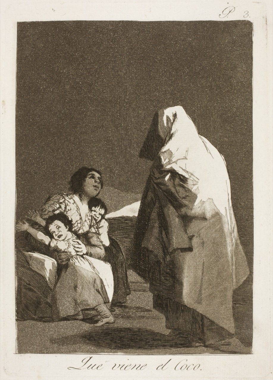 우화의 옷을 입힌 비판 · 카프리초스 3번 「도깨비가 온다」(Que viene el Coco), 1799. 미신과 공포로 아이를 다루는 세태를 겨눴다. ⓒFrancisco Goya / Wikimedia Commons