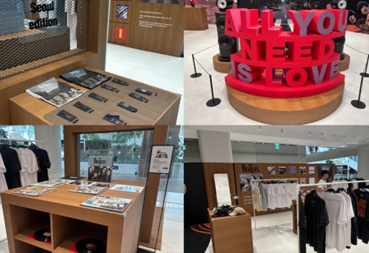 여의도 5층의 네 장면 · 더현대 서울 팝업 현장. 키링 탁자, ALL YOU NEED IS LOVE 조형물, LP 진열대, 티셔츠 행거. ⓒ유니버설뮤직