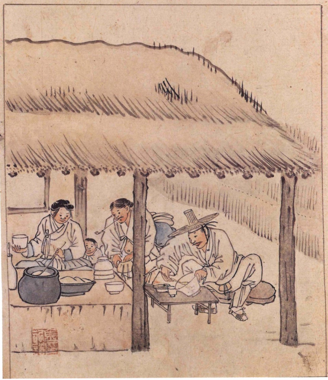 金弘道「酒幕」 · 18世紀後半の『檀園風俗図帖』の一枚。今回の展示に出ている宝物だ。Public domain