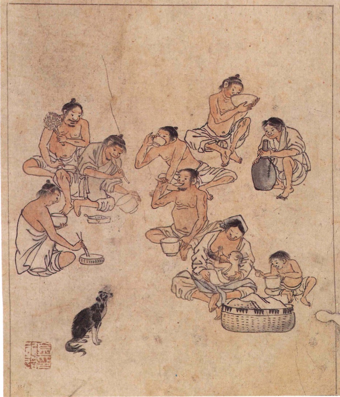 金弘道「間食(セチャム)」 · 野良仕事の合間に車座になって食べる一食。「酒幕」と同じく『檀園風俗図帖』に収められた絵だ。Public domain