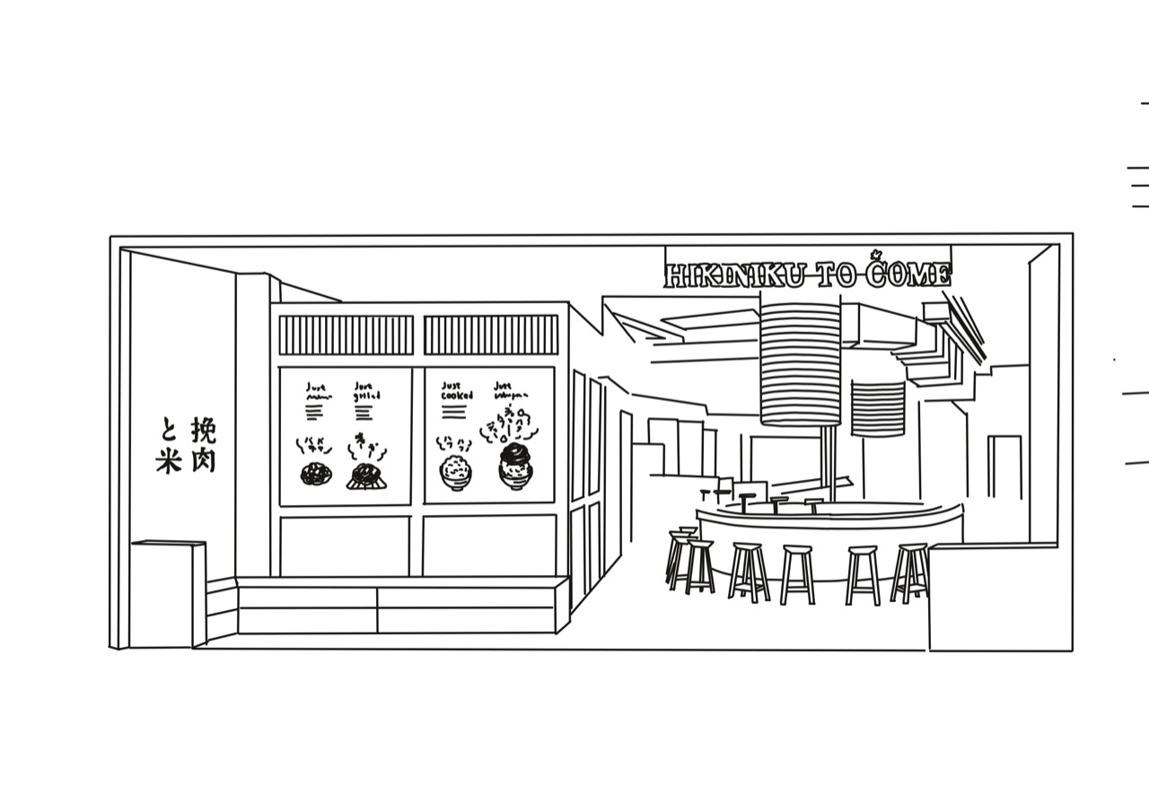 설비가 한 벌로 끝난다 · 6월 5일에 연 싱가포르 VivoCity점 입면 드로잉. 주방이 한 벌이라 새 나라에 가도 다시 그릴 것이 적다. ⓒHIKINIKU TO COME