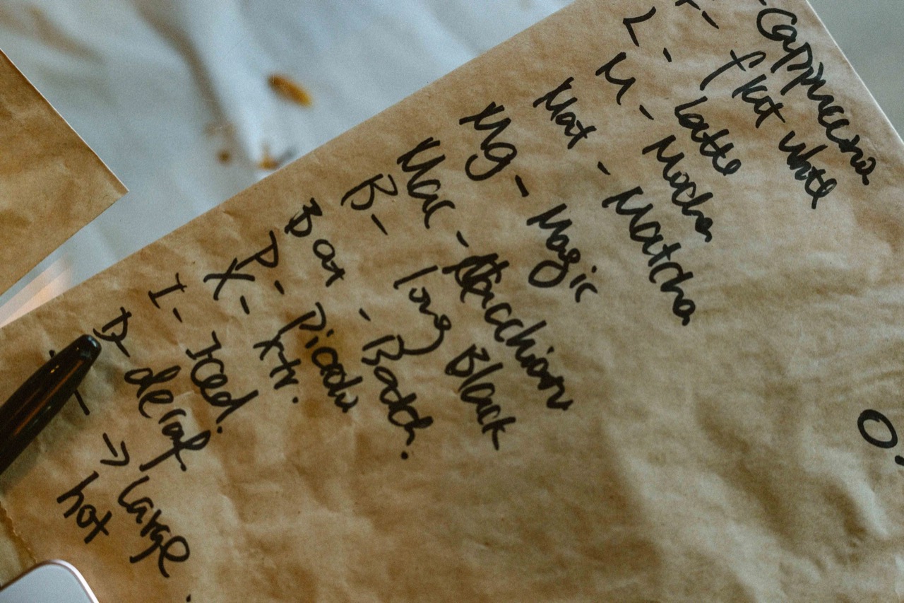 Order codes on a paper bag · Cappuccino, flat white, latte, mocha, matcha, magic, macchiato, long black and piccolo shortened to one or two letters. Iced, decaf and large sit underneath. ©Yusuke Oba · Broadsheet
