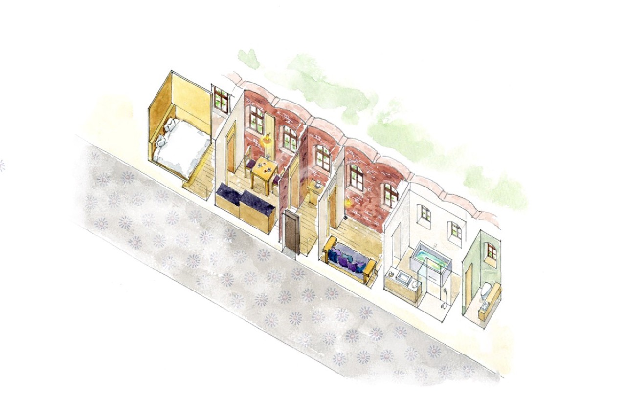 열 칸을 옆으로 꿴다 · 스위트 한 실의 구성 투시도. 왼쪽부터 침실, 거실, 다이닝, 욕실, 화장실이 옛 독방 벽선을 따라 한 줄로 늘어선다. 왼쪽 아래 문양 바닥이 사동 복도다. ⓒBUNGA NET