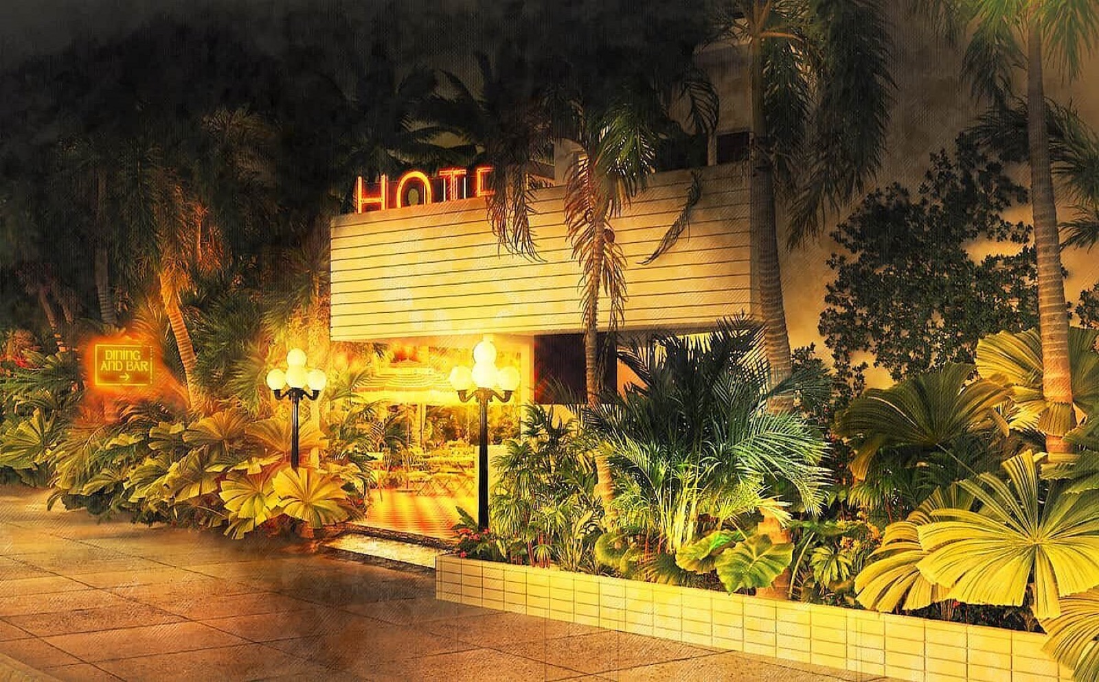 간판에 브랜드 이름이 없다 · 밤의 정문. 네온은 그냥 HOTEL이라고만 적혀 있고, 왼쪽 붉은 간판이 술과 식사를 가리킨다. 야자와 열대 식물로 입구를 덮었다. ⓒThe Baby Grand