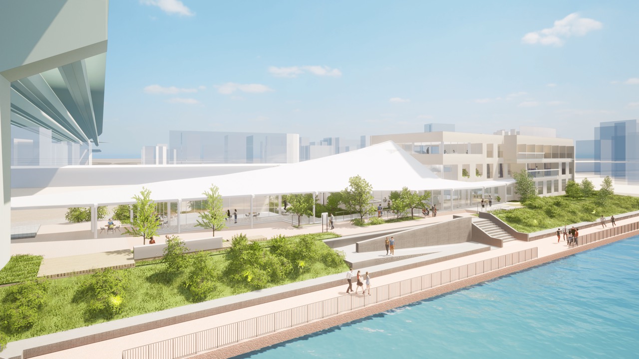 호텔은 한 조각 · 재개발 NAKAGAWA CANAL DOORS는 호텔·베이커리·식당·스포츠 코트로 짜였다. 사업자는 名古屋ステーション開発. 개발사업자 배포 완성 예상도. ⓒ名古屋ステーション開発 배포자료