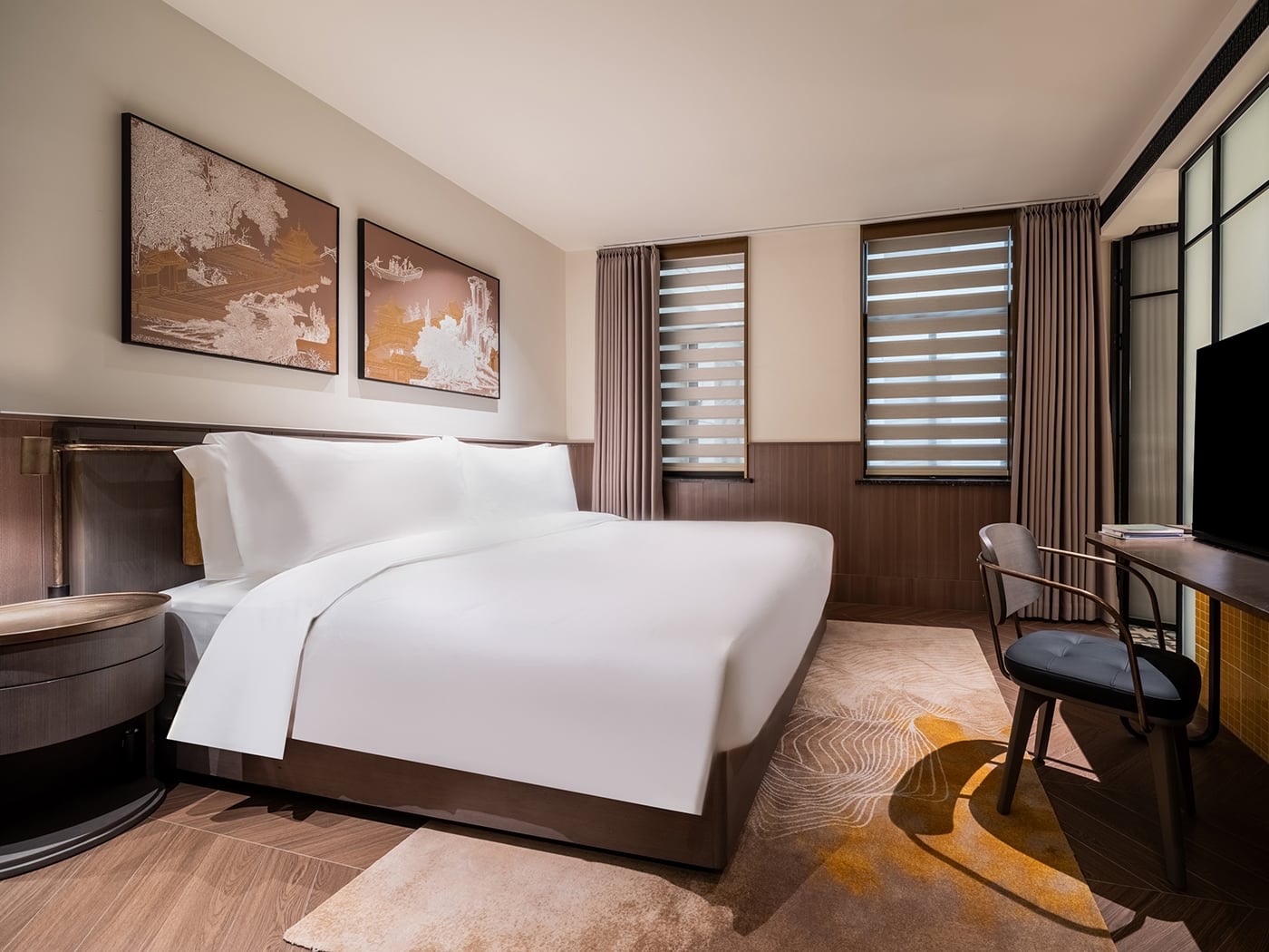 キングベッドの部屋 · このホテルの大きい部屋は32㎡から40㎡のあいだに収まる。ⓒHabo Hotel Shanghai / Design Hotels
