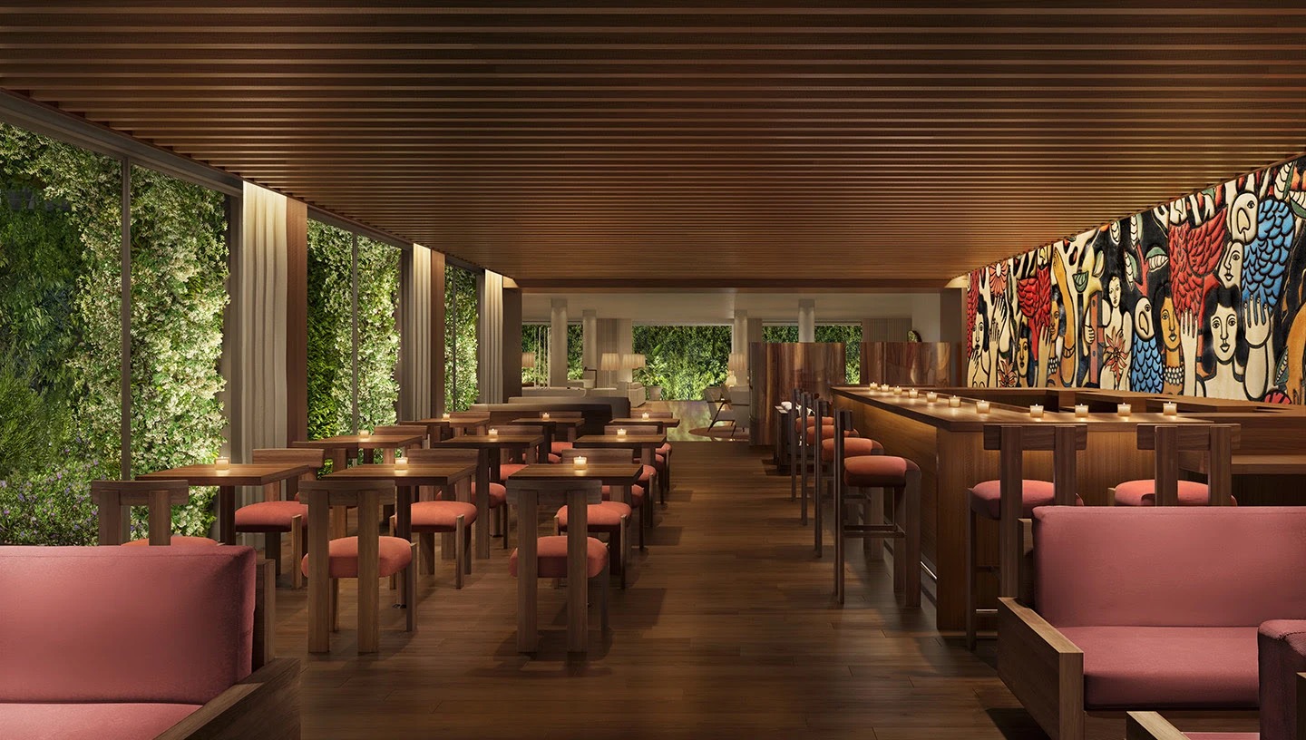Pool Bar 안쪽 · 원목 바 뒤 벽을 페르낭 레제(Fernand Léger)풍 벽화로 채웠다. 개관 전 렌더링. ⓒIan Schrager Company