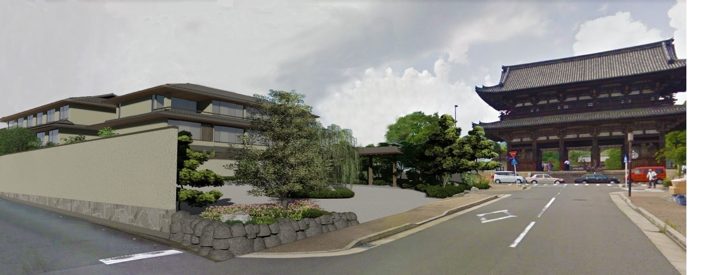 Rendering from the planning stage · The hotel wall and Ninna-ji's Niomon stand on either side of a single road. The building sits back behind the wall. ⓒKyoritsu Maintenance / Kyoto City