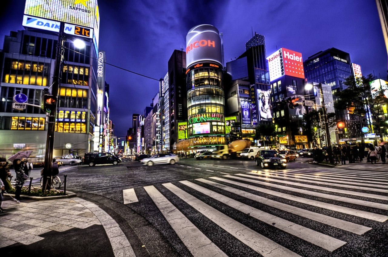 Ginza at night · The most expensive land in Japan is in this district. ⓒWikimedia Commons