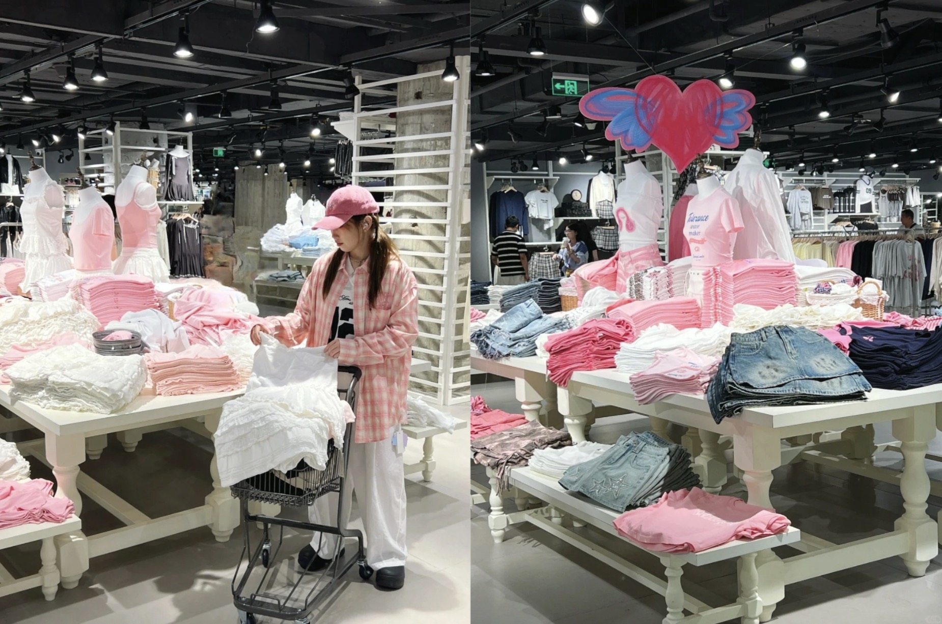 상하이 매장 · 옷을 걸지 않고 쌓아 두는 진열. 카트를 끌게 해서 집는 양을 늘린다. ⓒ샤오훙수 이용자 촬영 / Radii 갈무리