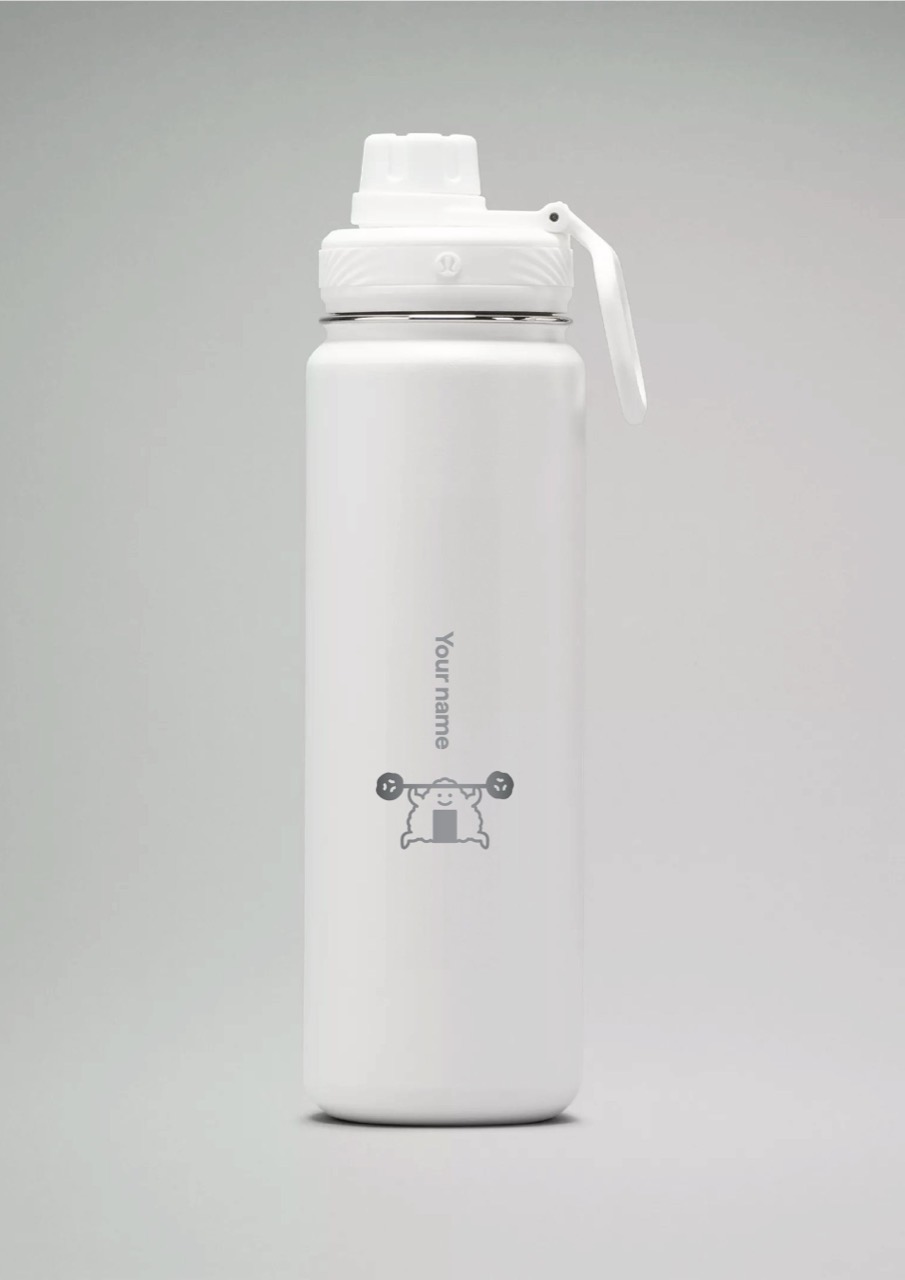 A rice ball lifting a barbell · An engraving sample on the insulated bottle. The Tokyo-only motif goes below the name. ⓒlululemon