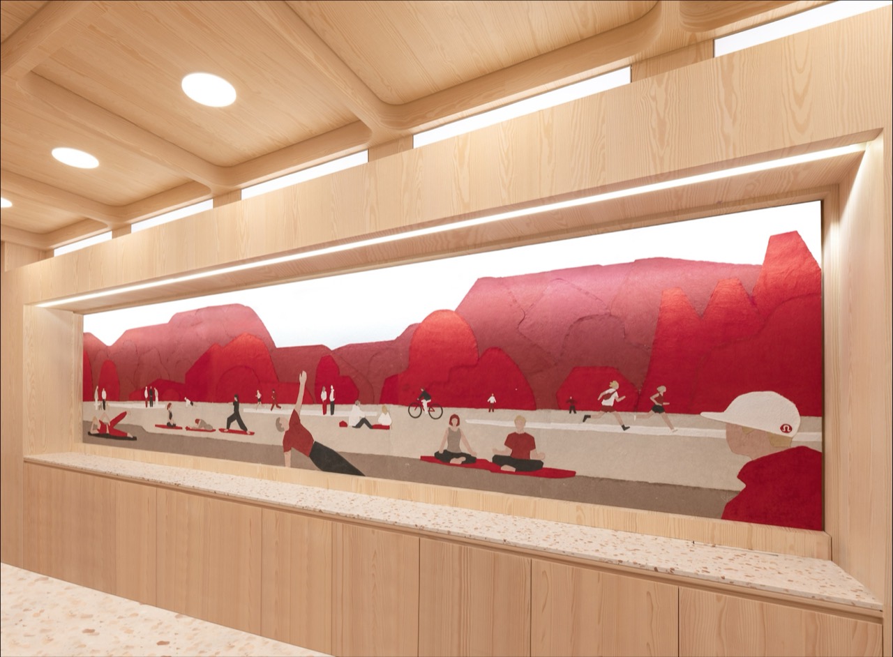 Yoyogi Park in paper · The collage by Taku Bannai and Awagami Factory, made in Awa washi. People seated on mats and people running share one frame. ⓒlululemon