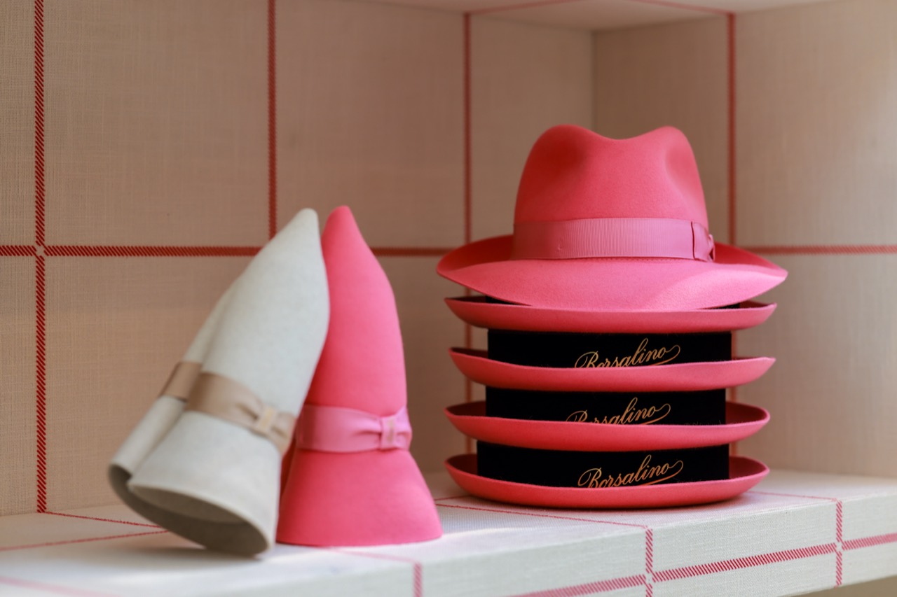 Brims stack upward · Stack the same model and the brim edges become layers, the gold script running down the side. ⓒBorsalino