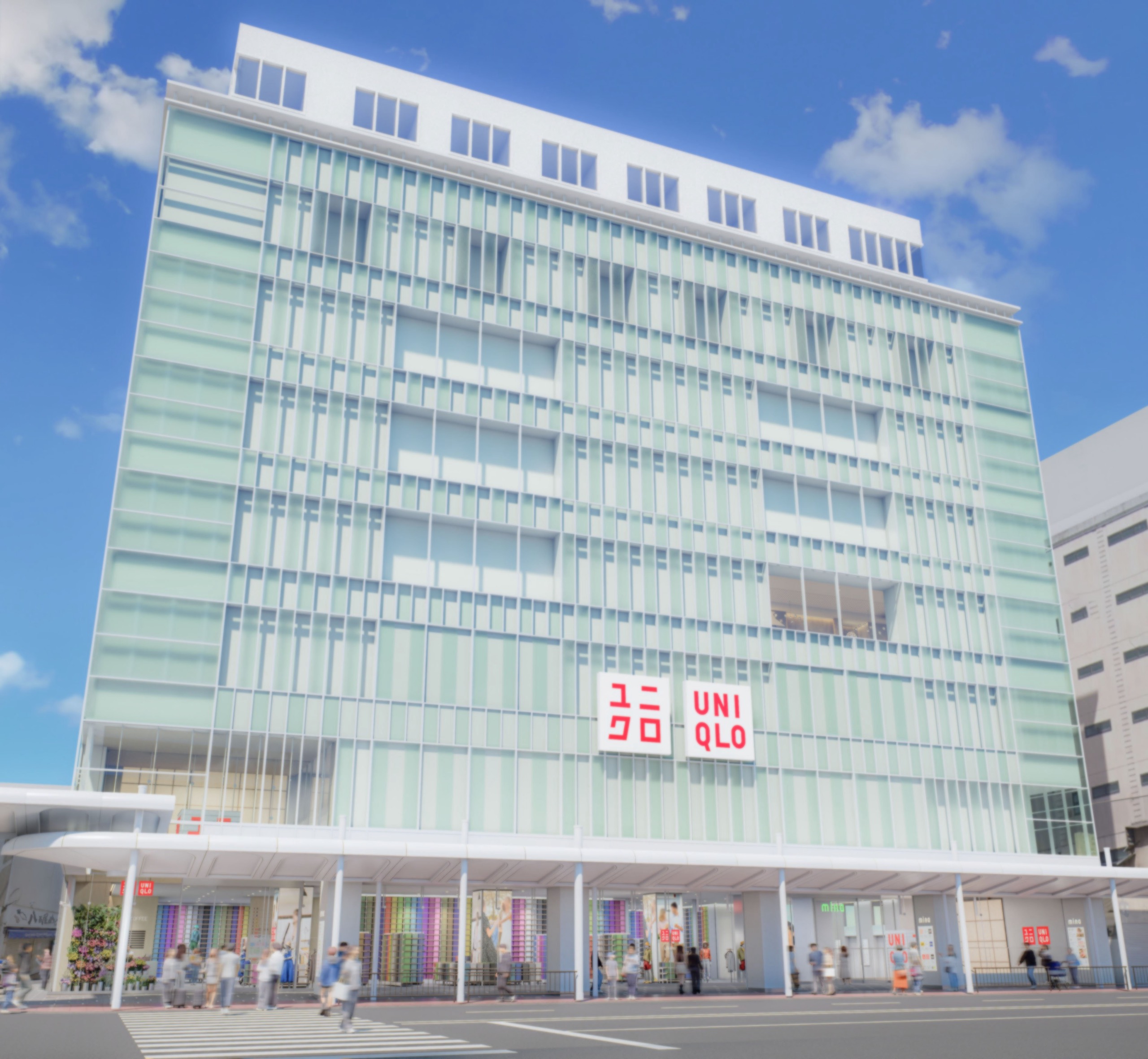 Rendering of the UNIQLO Kyoto facade · The sign hangs midway up the front, and the ground-floor windows open long along the street. ⓒFast Retailing