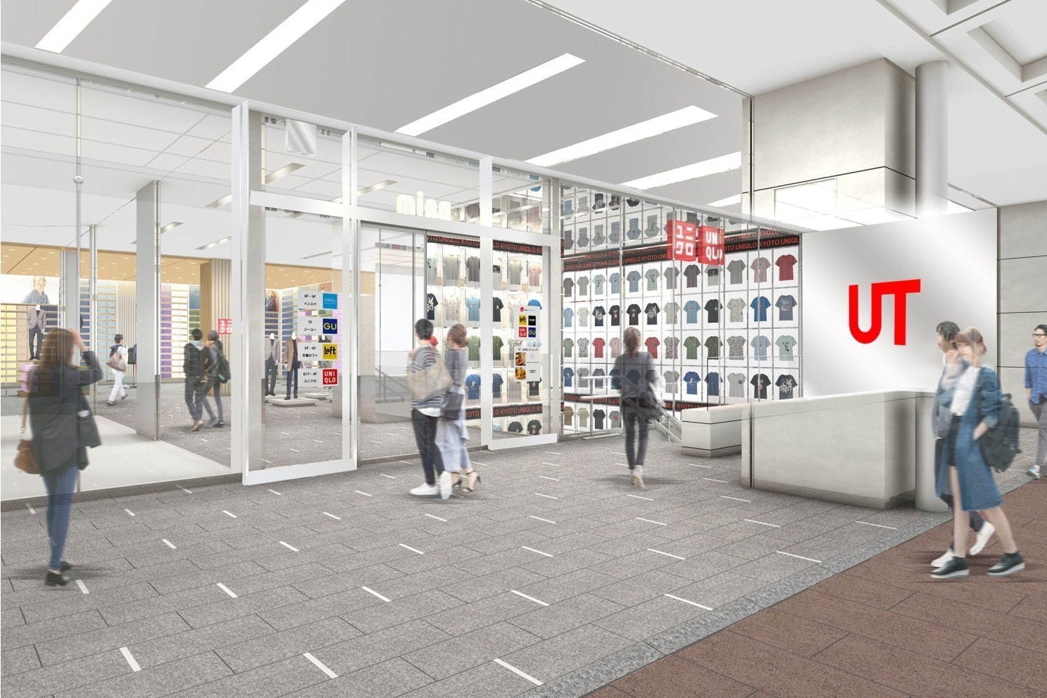 Rendering of the 2019 Kawaramachi store · The wall facing the sidewalk was given over to UT, the T-shirt line. ⓒUNIQLO · Fashion Press