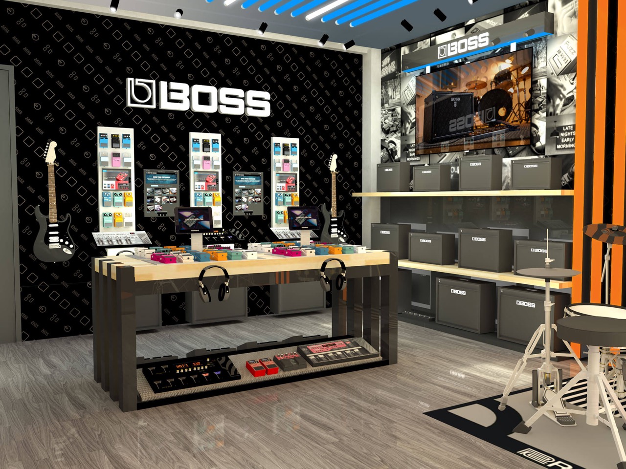 도쿄 매장 지하 BOSS 구역 예상도 · 헤드폰을 끼고 페달과 앰프를 시연하는 테이블을 가운데 뒀다. ⓒRoland · MusicTech