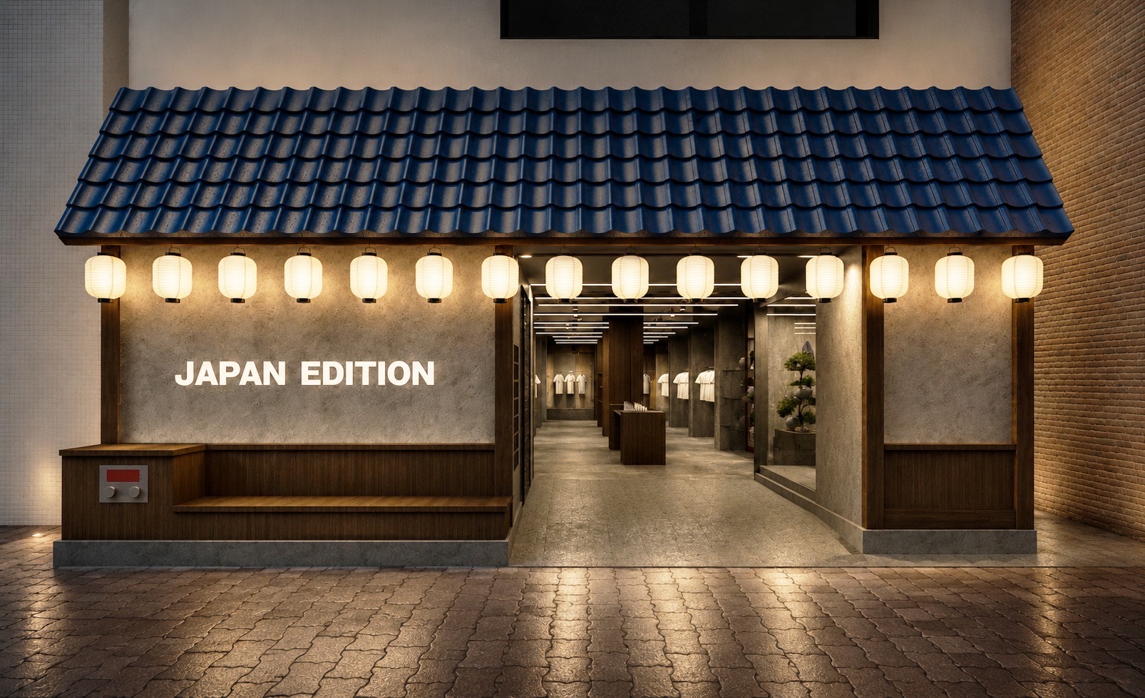 7월 16일 문 연 JAPAN EDITION 긴자점. 처마 아래 벤치와 열린 개구부 너머로 지상층이 그대로 보인다 (ⓒTOKYO BASE)