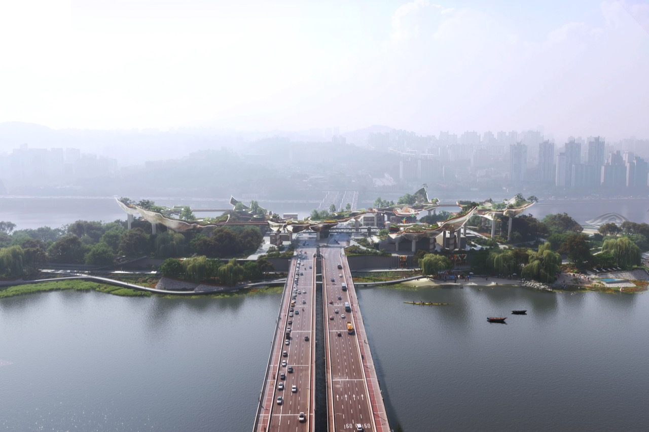 Soundscape aerial view · The aerial image from the winning competition entry. Curved roofs rise above the island. ⓒHeatherwick Studio