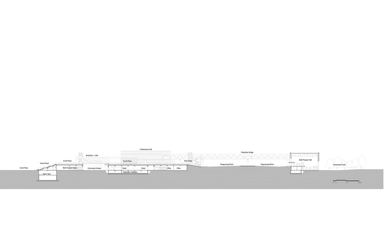 Section · The height difference running from the bridge deck to the ground and down to the water. ⓒmmkplus / ArchDaily