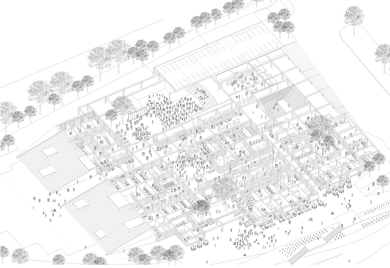 Layers pulled apart · An isometric showing how the venue, retail units and lawn overlap. ⓒmmkplus / ArchDaily