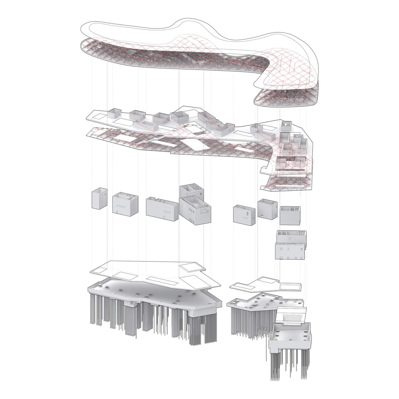 Exploded isometric · One gallery slab, the seven pavilions that carry it, and the isolation layer below. ⓒSOM / The Architect's Newspaper