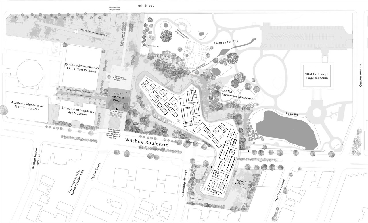 Gallery floor plan · A single-level plan with no set route. Exhibition zones follow the curving envelope. ⓒplan published by Los Angeles County Museum on Fire