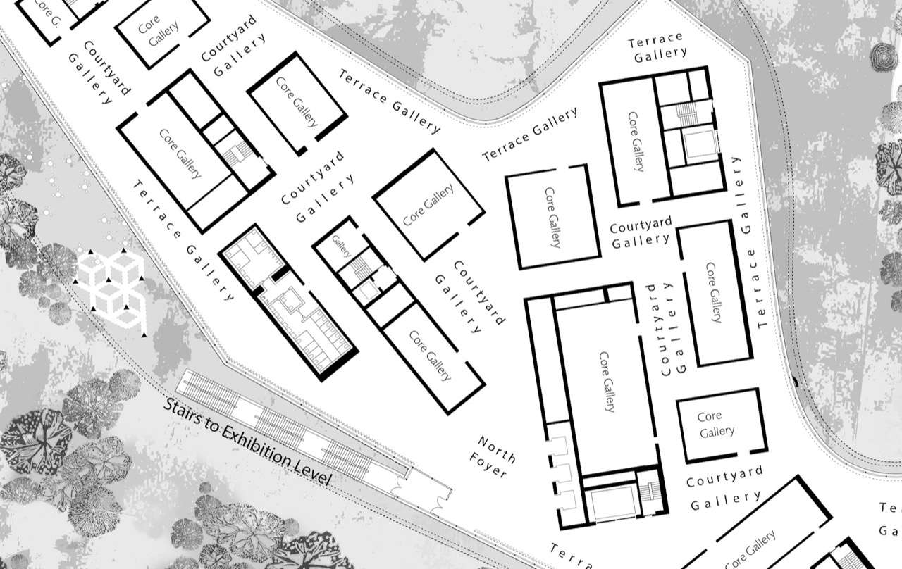Plan detail · With no partitions, the curving envelope and the cores divide zones loosely instead. ⓒplan published by Los Angeles County Museum on Fire