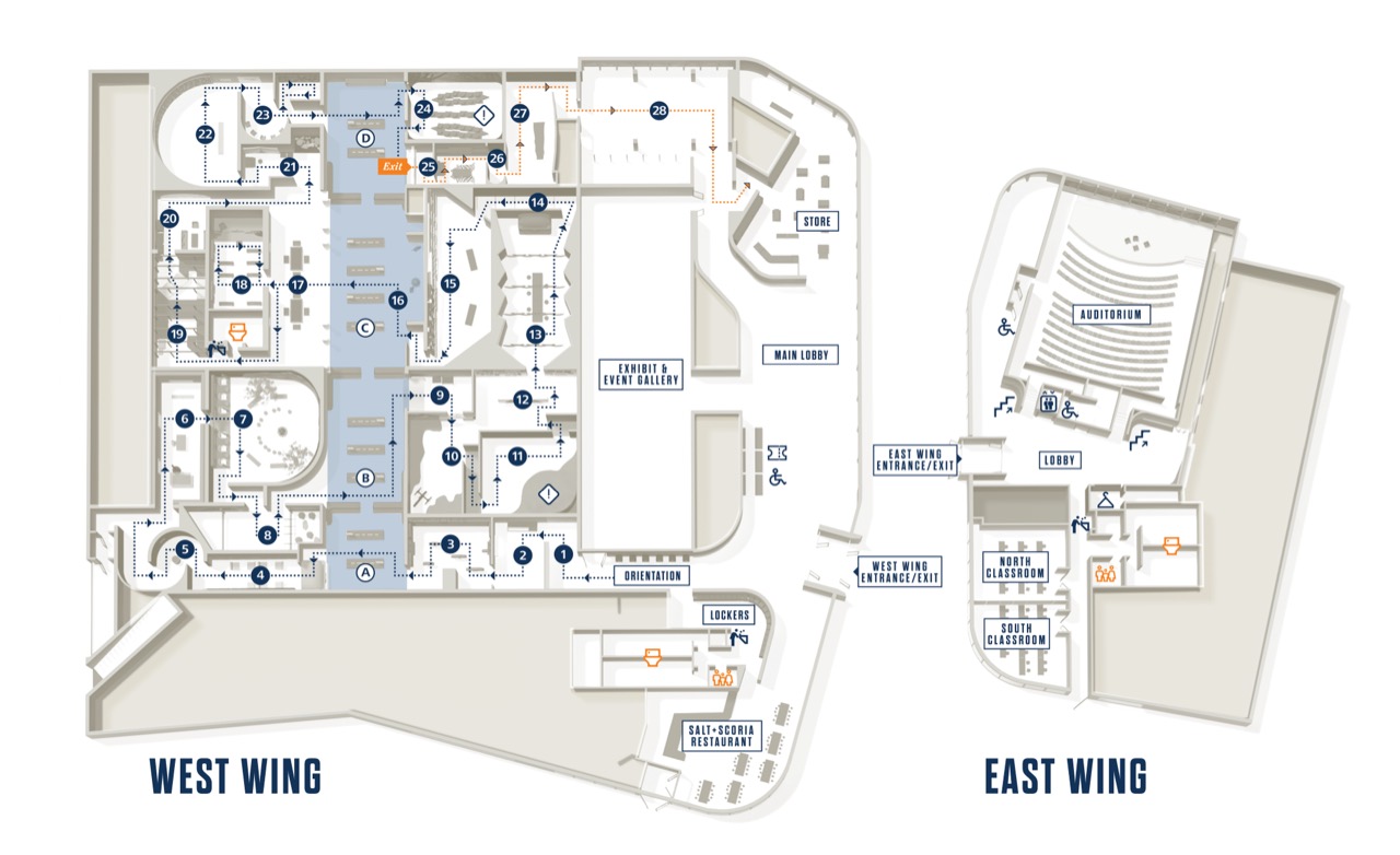 Interior map · Eight permanent galleries, the adventure galleries, and the Salt+Scoria restaurant. ⓒTheodore Roosevelt Presidential Library