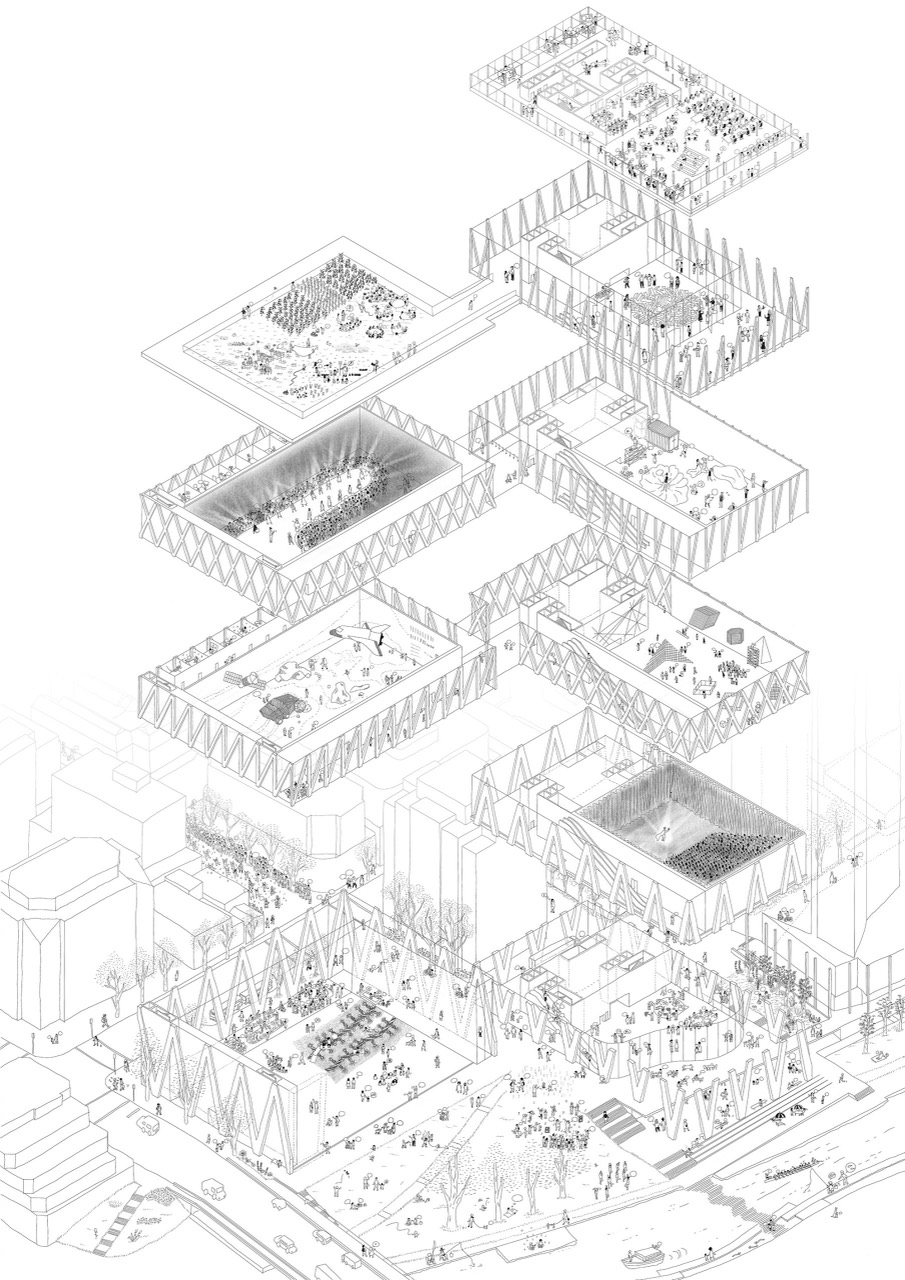 Early hand drawings · The process of settling the lattice geometry is still visible. ©Moreau Kusunoki