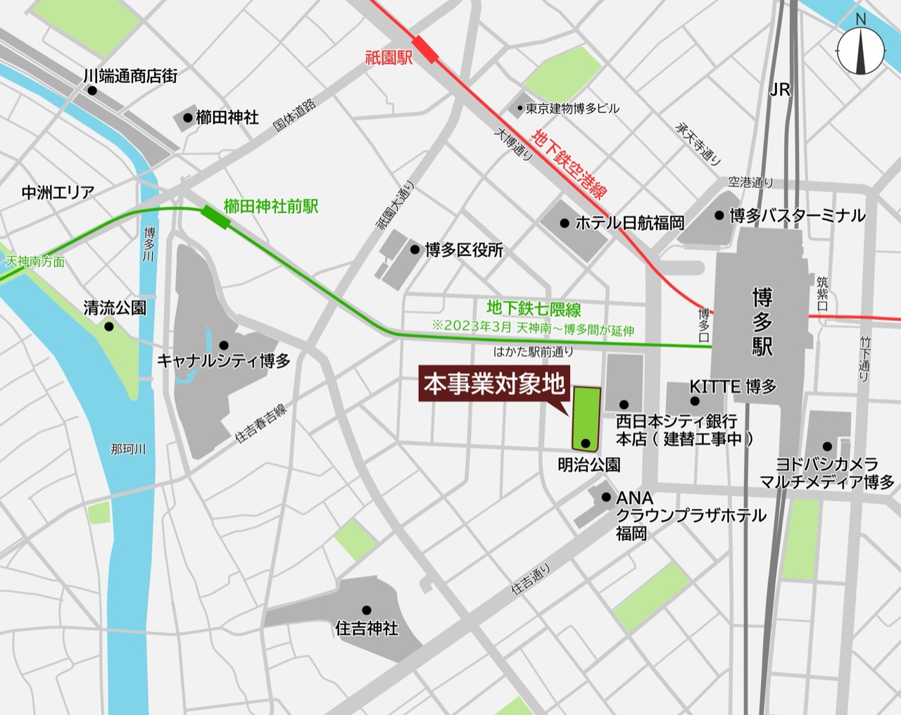 놓인 자리 · 붉은 칸이 사업 대상지. 오른쪽이 하카타역, 위쪽에 「東京建物博多ビル」이 함께 찍혀 있다. ⓒ東京建物
