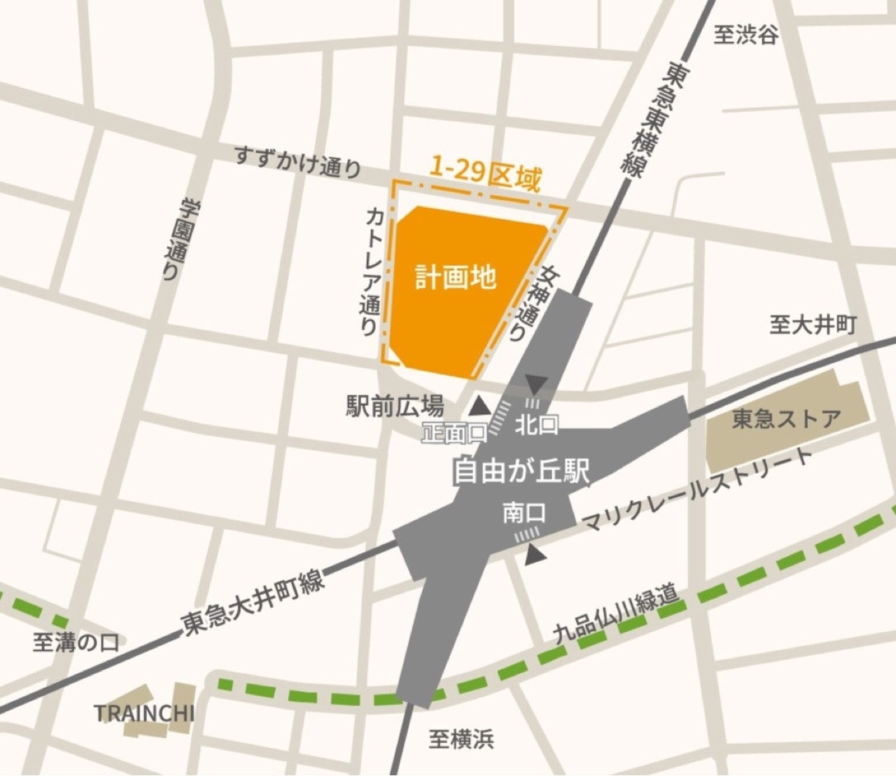 計画地 · オレンジの区域が事業地。すぐ下が駅前広場である。ⓒ自由が丘一丁目29番地区市街地再開発組合