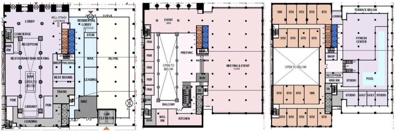 평면 세 장 · 가운데 흰 사각형에 적힌 글자가 OPEN TO BELOW, 곧 세로로 뚫은 구멍이다. ⓒStantec · Prime/Capri Interest LLC