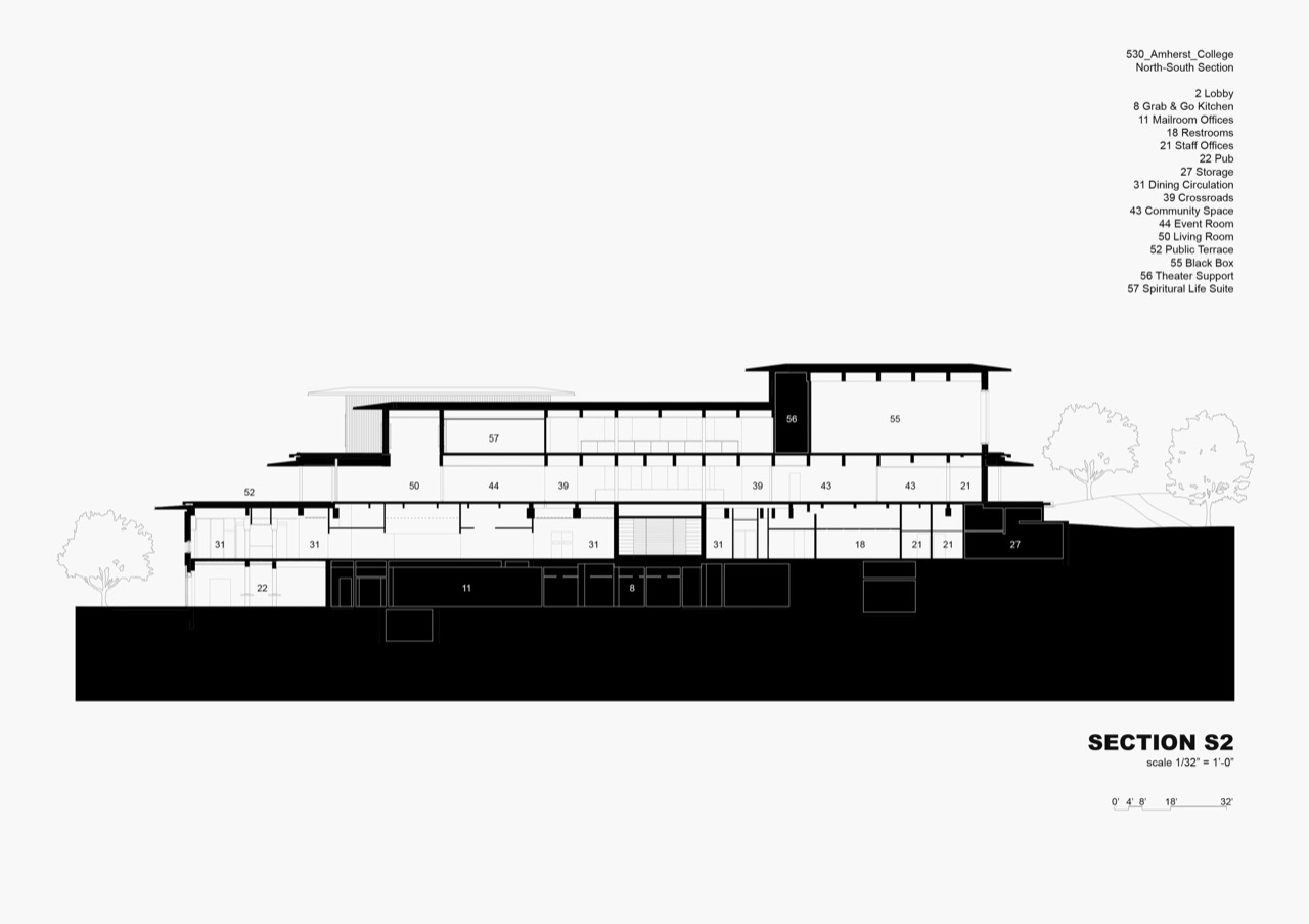 南北断面図 · 黒く塗った部分が地面。斜面にまたがる建物が上と下のキャンパスをつなぐ。ⓒHerzog & de Meuron · Dezeen