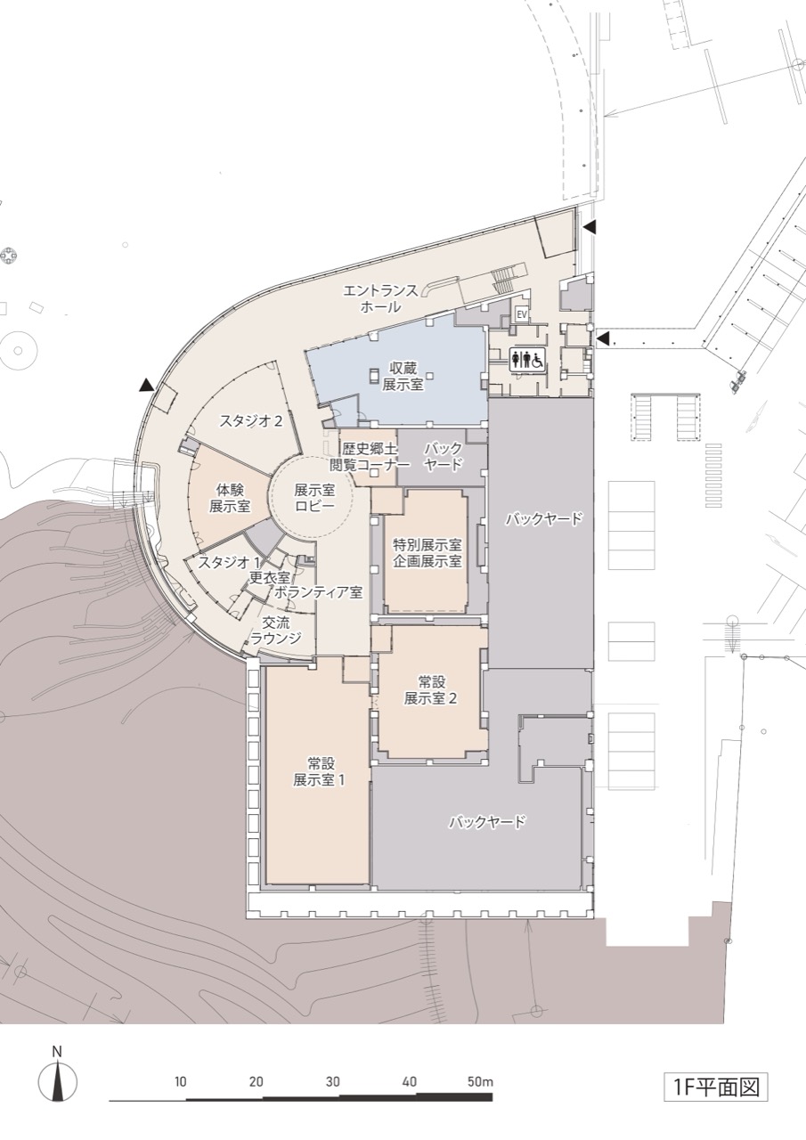 1階平面図 · ミュージアムの階。エントランスホールの隣に収蔵展示室を置き、常設展示室は南側に入れた。ⓒ八王子ミライテラスパートナーズ · 八王子駅南口集いの拠点
