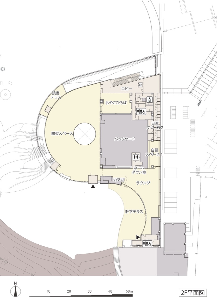 2階平面図 · 図書館の階。開架スペースの中央に円い吹抜けを開け、縁にテラスとカフェを巡らせた。ⓒ八王子ミライテラスパートナーズ · 八王子駅南口集いの拠点