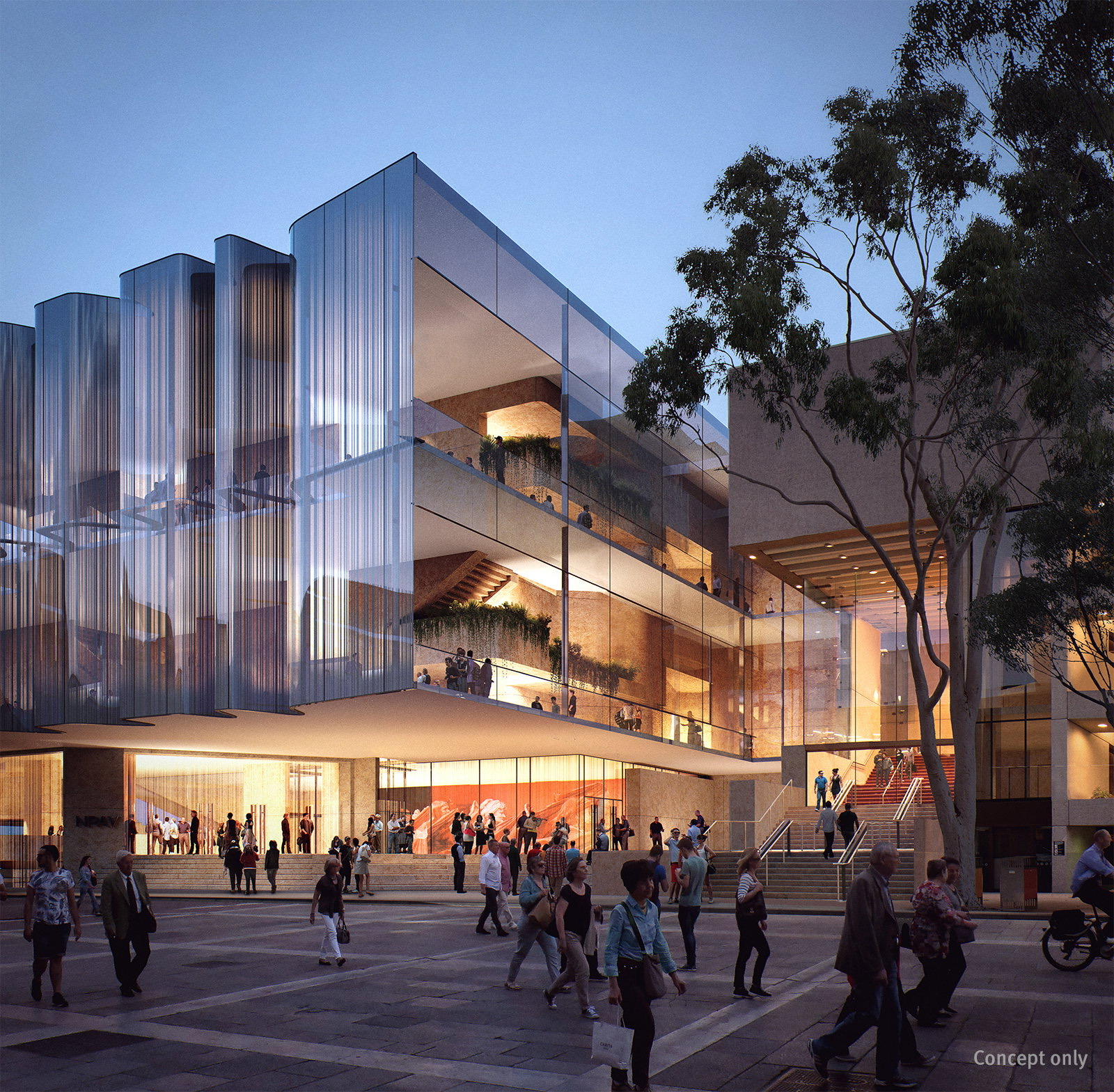 Concept rendering from the competition stage · In the first image the glass was folded vertically. The finished building wraps the same spot in rippling glass. Rendering ⓒSnøhetta · Blight Rayner Architecture